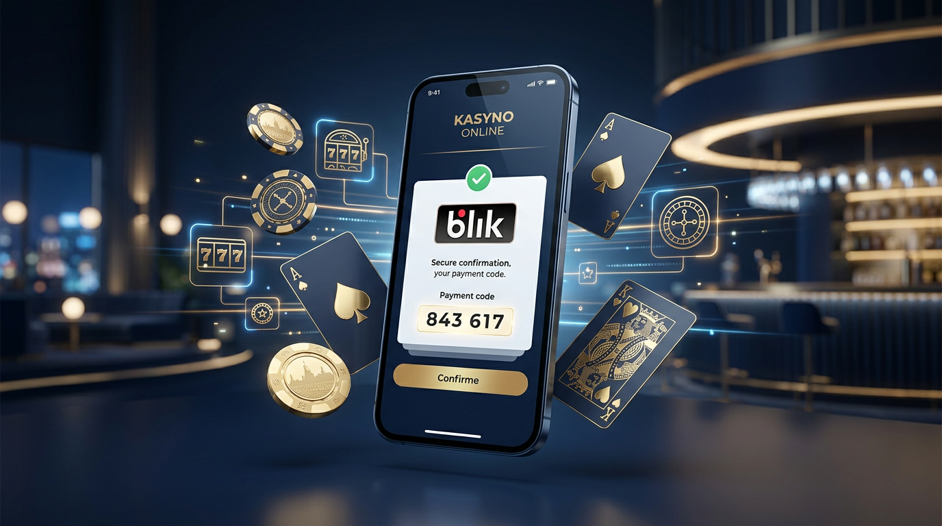 Nowoczesny smartfon z logo BLIK i elementami kasyna online - bezpieczne płatności mobilne 2026.