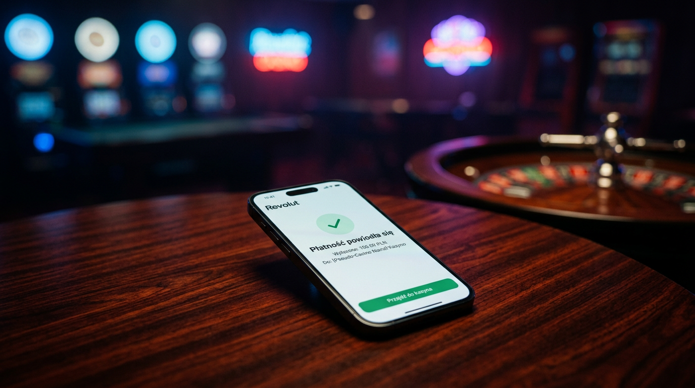 Smartphone showing Revolut app next to a casino background