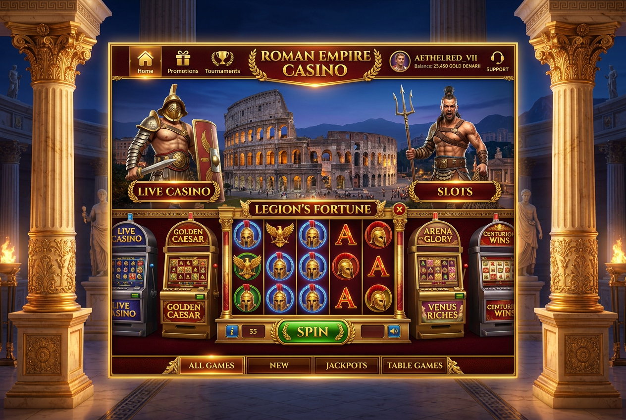 Modern online casino lobby with Ancient Rome gladiator theme and digital gold accents
